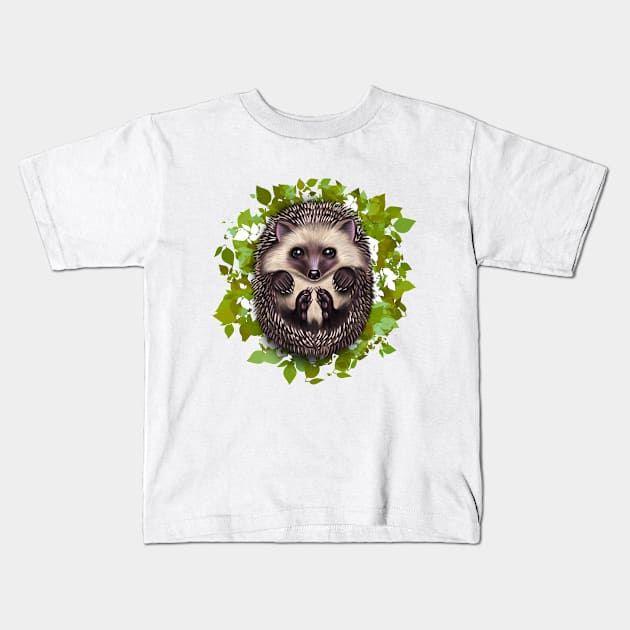 Cute cutie hedgehog in green leaves Kids T-Shirt by Galinka Kro